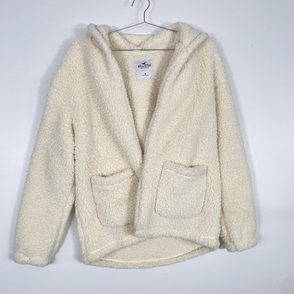 Hollister Jacket Womens Medium White Sherpa Fleece Hooded Open Front Pockets